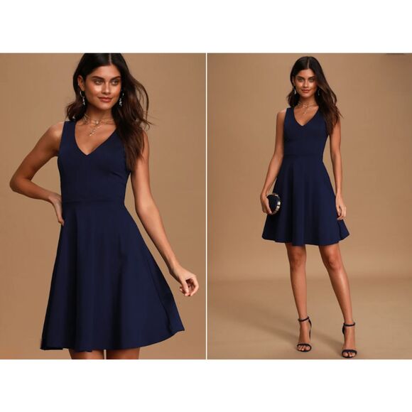 Lulu's "Bon Appetit" Sapphire Blue Fit & Flare Sleeveless Skater Mini Dress Sz S - Picture 2 of 12